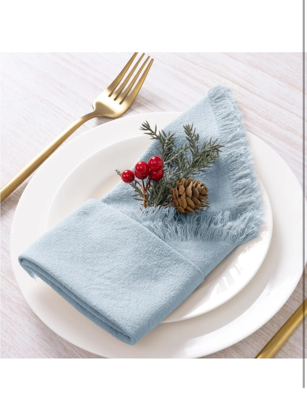 NEW 12 Pack Grey- Blue Cotton Linen Napkins with Fringe, 17”x17”